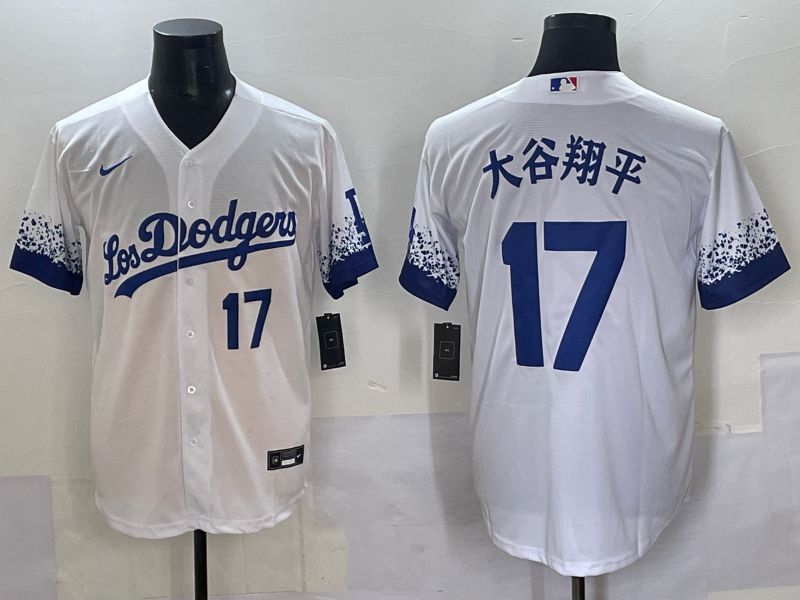 Men Los Angeles Dodgers #17 Ohtani White blue City Edition Nike MLB Jersey style 2